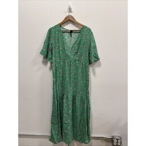 Nobody's Child Dress Size 12 Green Floral Sabrina Midi V Neck Sleeve